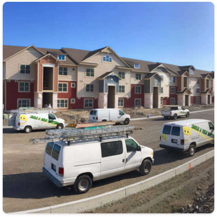 Construction site of a new apartment complex with multiple beige and red buildings. Several white utility vans, some with ladders on top and smiley face logos, indicating commercial painting services, are parked along a dirt road in front of the buildings. Workers appear to be present but are not clearly visible.