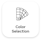 A black and white icon of a color swatch fan, representing different color options for interior and exterior projects, is centered above the words "Color Selection" within a rounded square border.