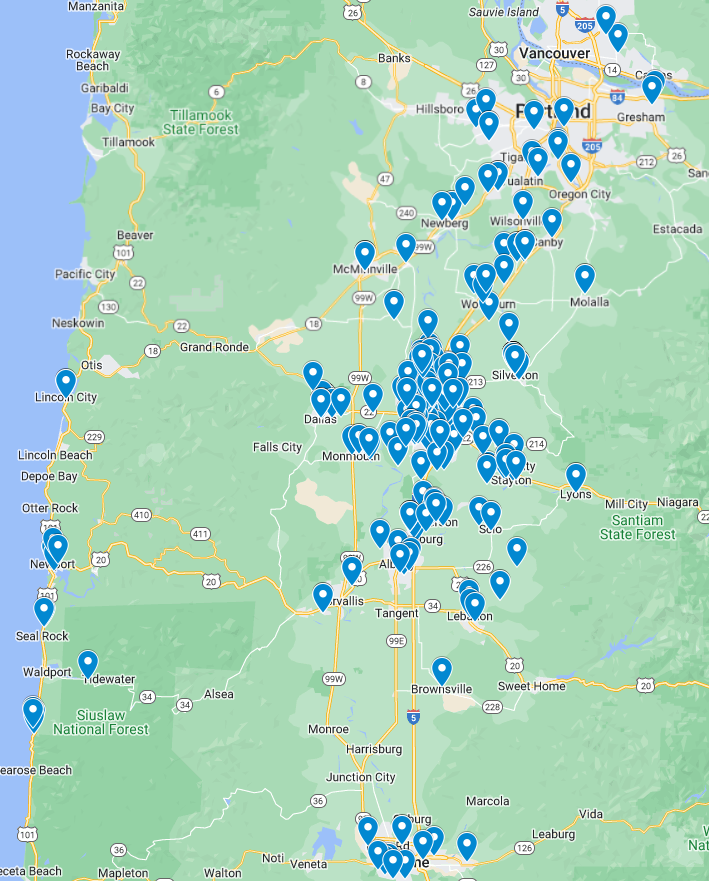 A map highlighting pin locations across the western part of Oregon and southern Washington. Major cities such as Vancouver, Portland, Eugene, and Salem are visible. The pins are densely concentrated in urban areas and spread out in rural regions where our commercial painting services thrive.